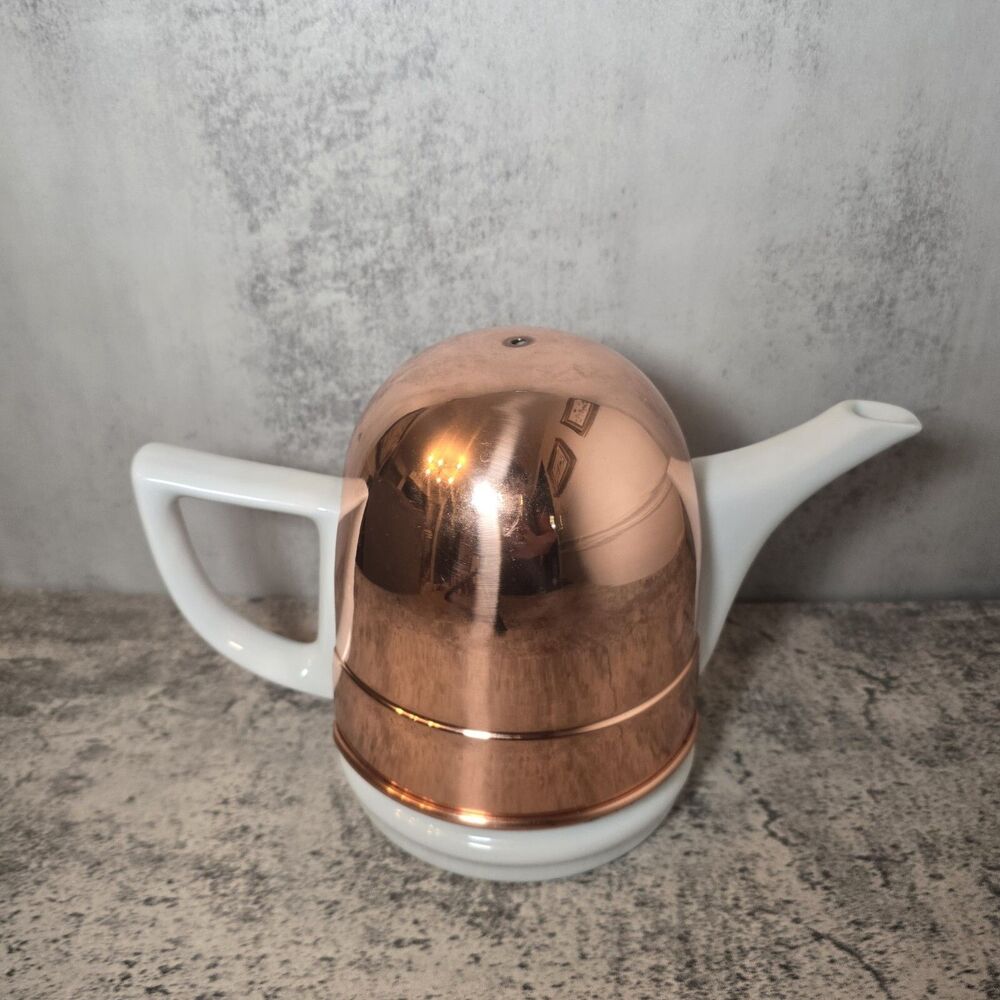 Vintage Old Dutch Copper Cover White Ceramic Tea Pot- Excellent Condition **Read